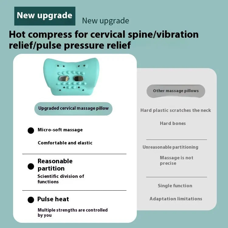 Blue-green cervical spine massage pillow showing EMS technology and hot compress function