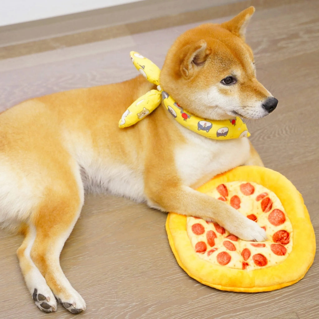 Yellow pizza-themed plush dog toy with squeaker for chewing and interactive play