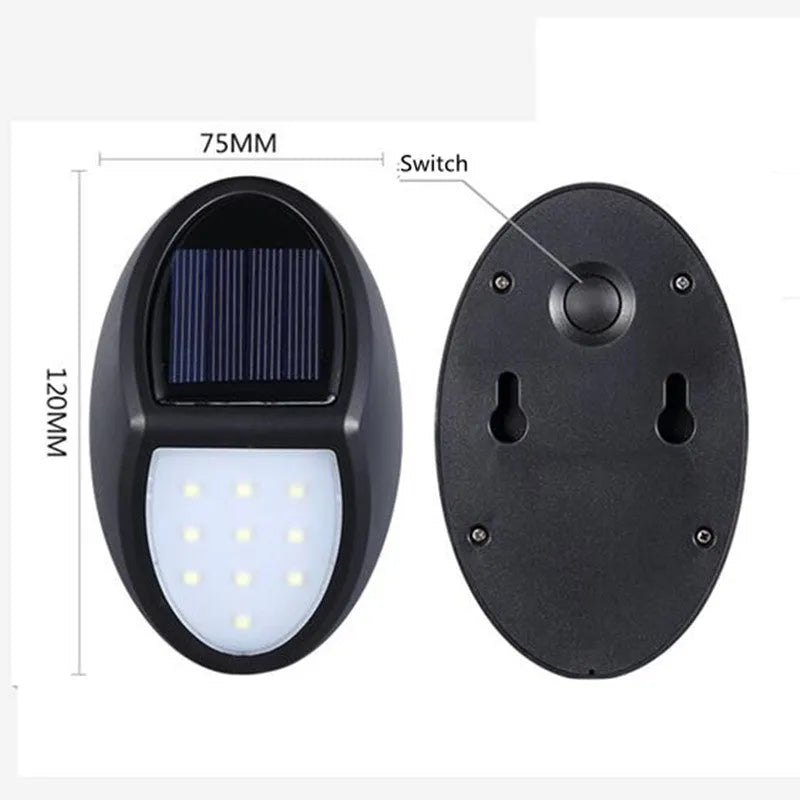 Black rectangular solar wall light with solar panel and LED illumination for outdoor use
