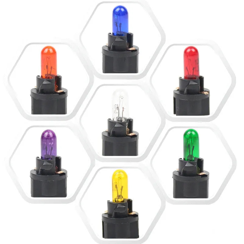 T5 12V 1.2W automotive indicator bulb with quartz glass envelope in multiple colour options.