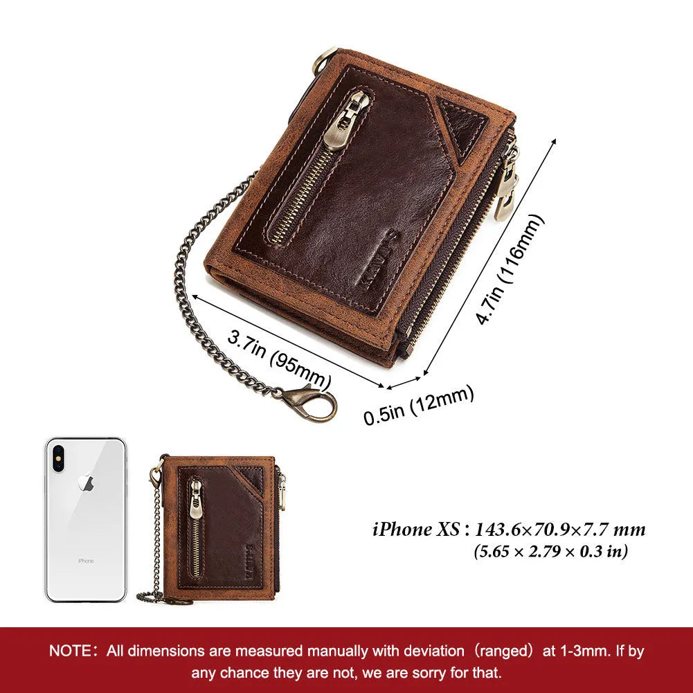 Brown men's leather wallet with chain and RFID anti-theft protection