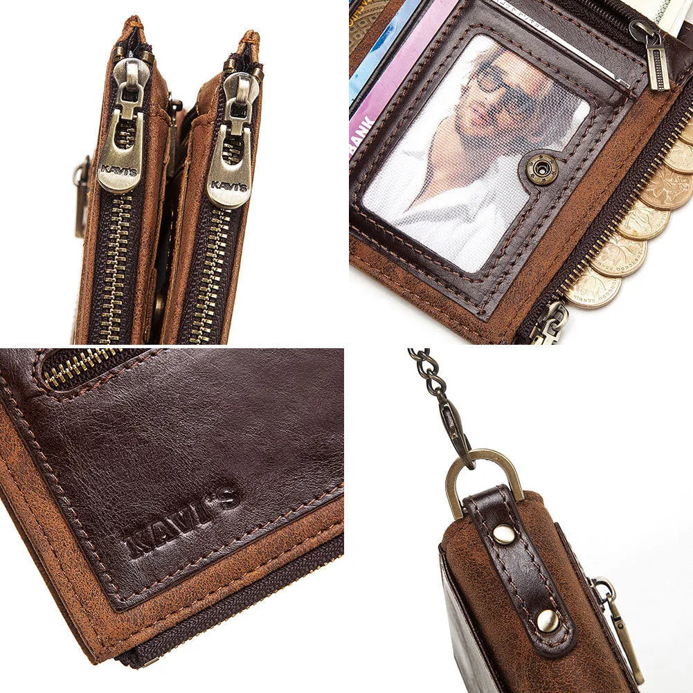 Brown men's leather wallet with chain and RFID anti-theft protection