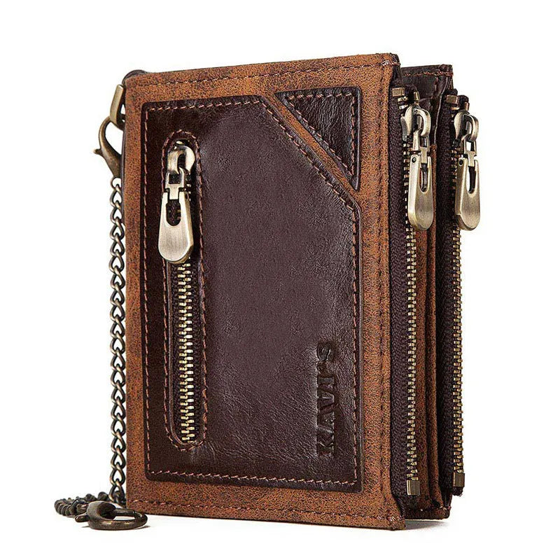 Brown men's leather wallet with chain and RFID anti-theft protection