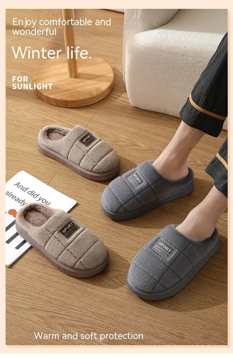 Men's grey and brown plaid winter slippers with a thick sole and rabbit hair trim.