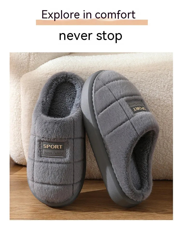 Men's grey and brown plaid winter slippers with a thick sole and rabbit hair trim.