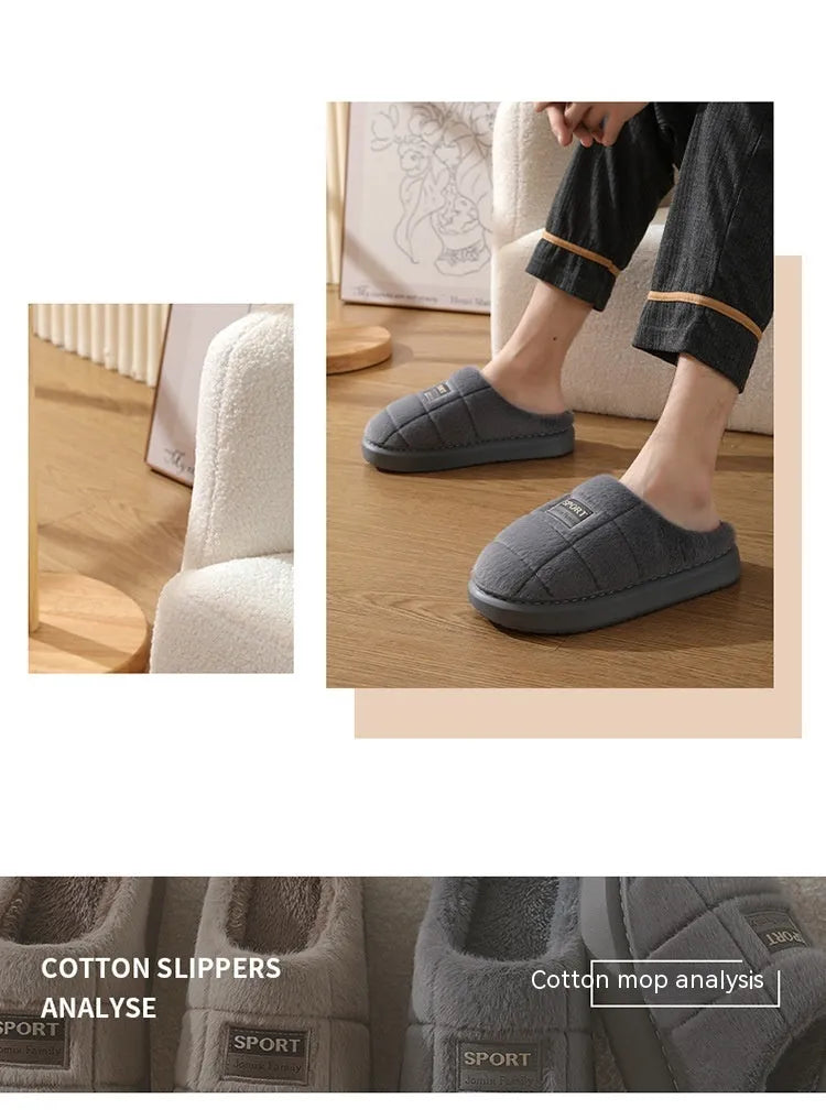 Men's grey and brown plaid winter slippers with a thick sole and rabbit hair trim.