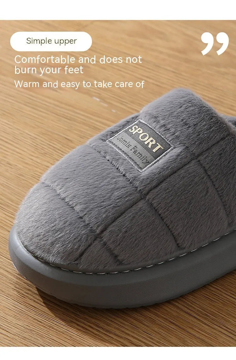 Men's grey and brown plaid winter slippers with a thick sole and rabbit hair trim.