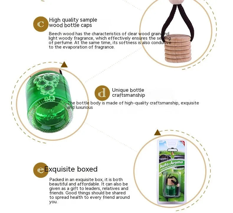 Glass bottle car air freshener hanging ornament with six fragrance refill options displayed