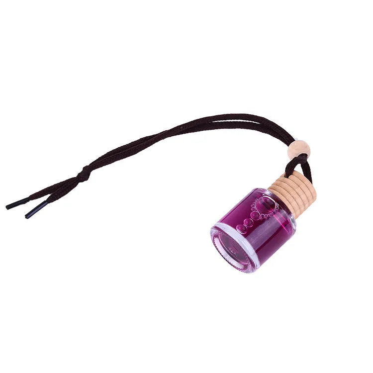 Glass bottle car air freshener hanging ornament with six fragrance refill options displayed