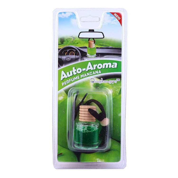 Glass bottle car air freshener hanging ornament with six fragrance refill options displayed