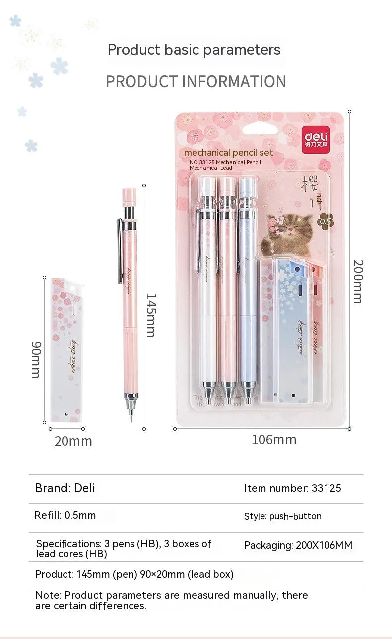 Mixed colour cartoon automatic pencil set with three 0.5mm pens and three boxes of HB refills.