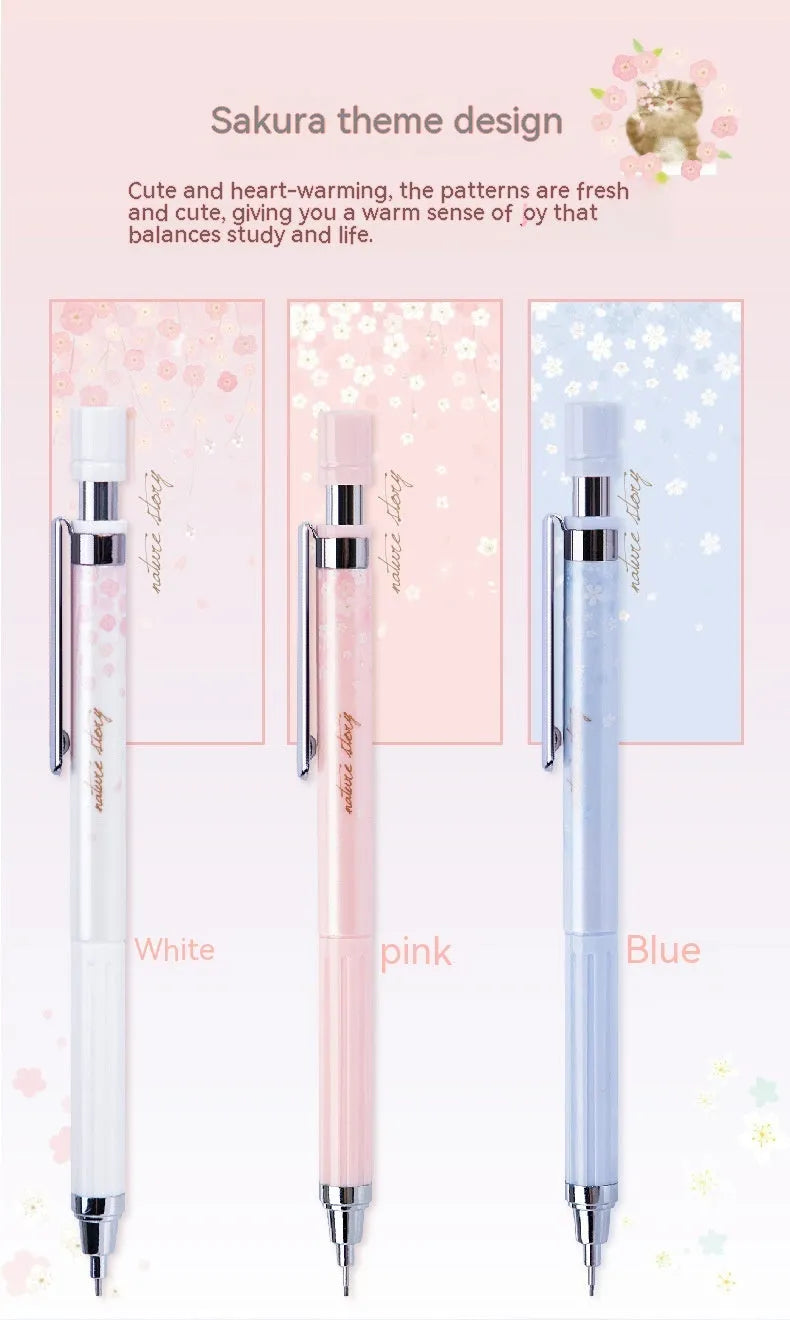 Mixed colour cartoon automatic pencil set with three 0.5mm pens and three boxes of HB refills.
