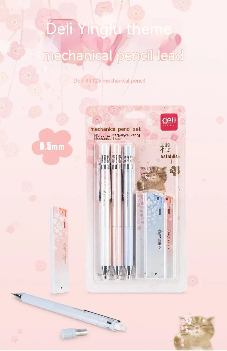 Mixed colour cartoon automatic pencil set with three 0.5mm pens and three boxes of HB refills.