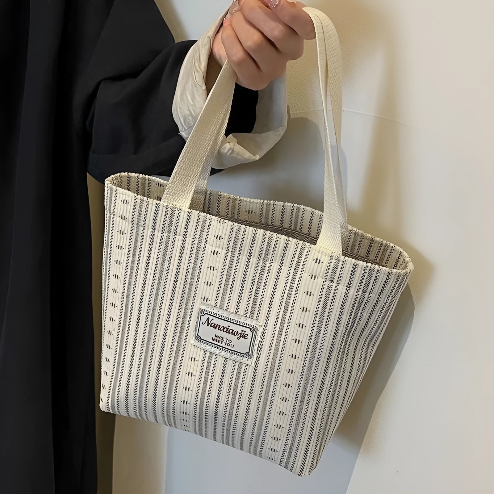 Japanese style large capacity corduroy handbag in ivory white, grey, or dark brown colour