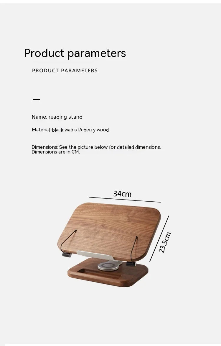Natural walnut coloured solid wood reading rack with adjustable stand and tablet slot