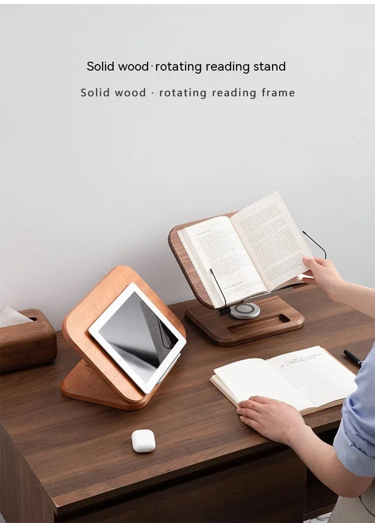Natural walnut coloured solid wood reading rack with adjustable stand and tablet slot
