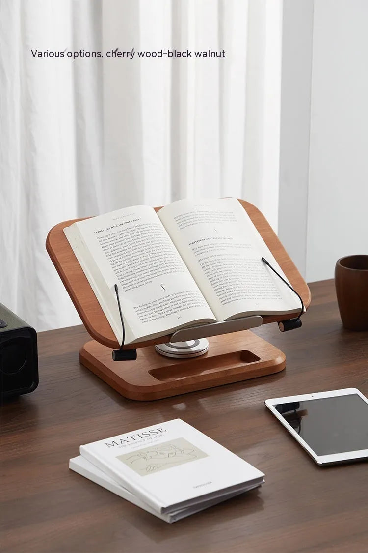 Natural walnut coloured solid wood reading rack with adjustable stand and tablet slot