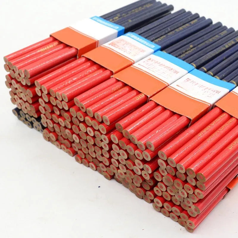 Red and blue two-colour carpenter's pencil with round wooden design, 10-piece pack