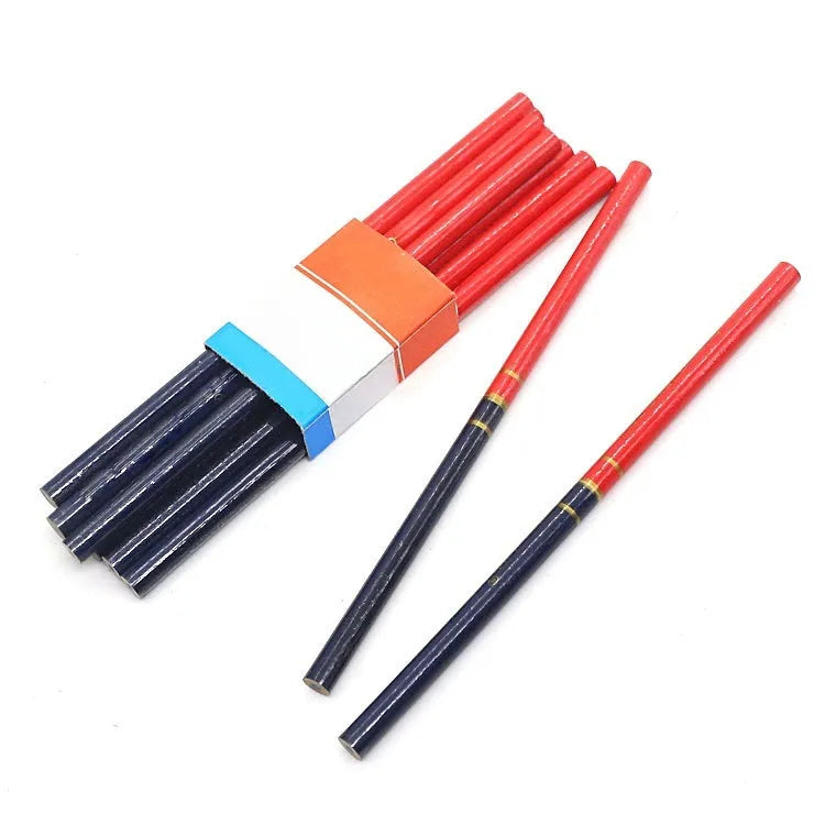 Red and blue two-colour carpenter's pencil with round wooden design, 10-piece pack