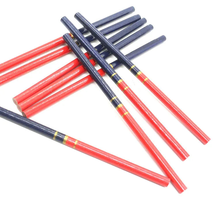 Red and blue two-colour carpenter's pencil with round wooden design, 10-piece pack