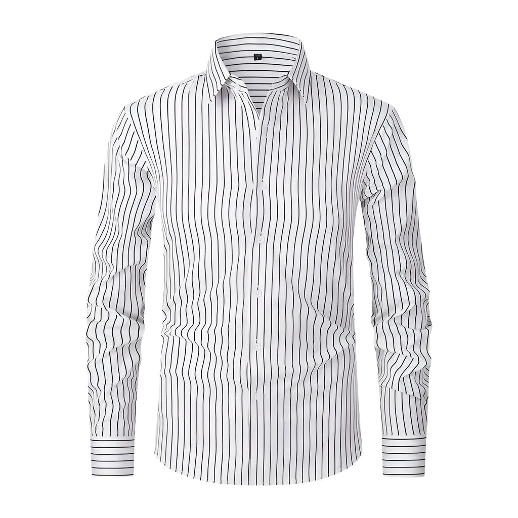 Men's slim-fit long sleeve striped business shirt in a blue and white colour pattern.