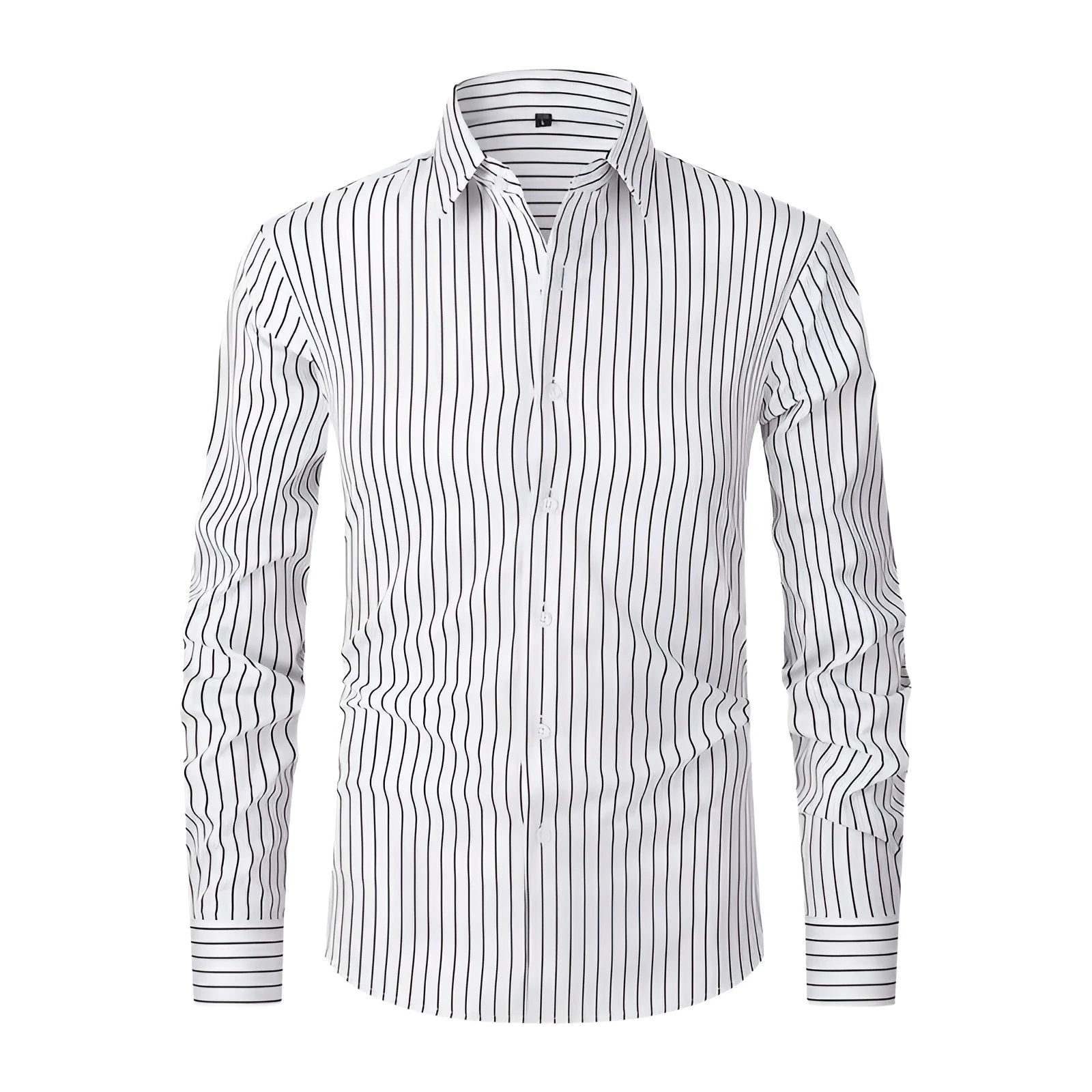 Men's slim-fit long sleeve striped business shirt in a blue and white colour pattern.