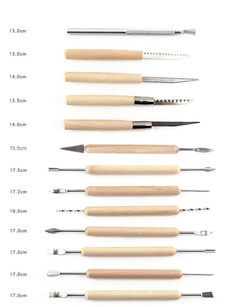 Brown pottery clay tool set with 27 stainless steel, wood and plastic sculpting tools in storage bag