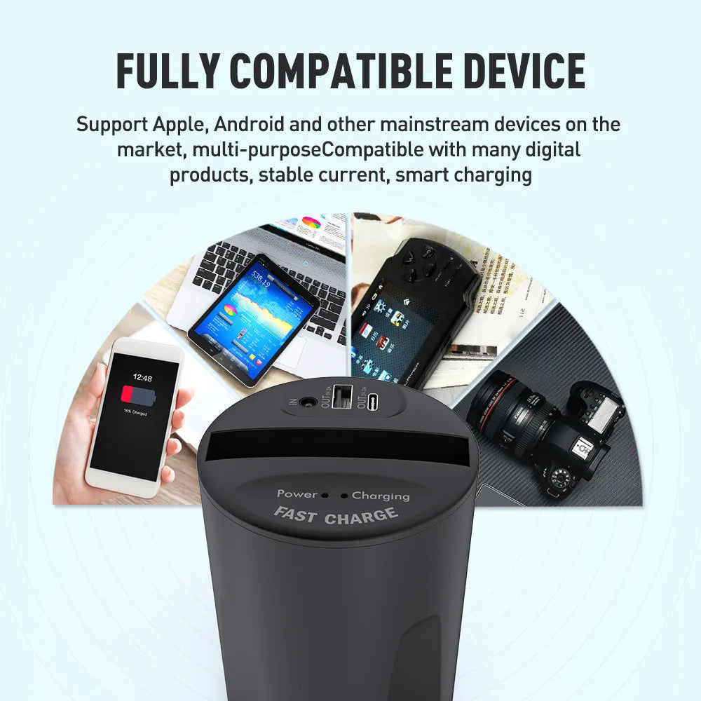 Black car wireless charging cup with detachable base stand for QI smartphones.