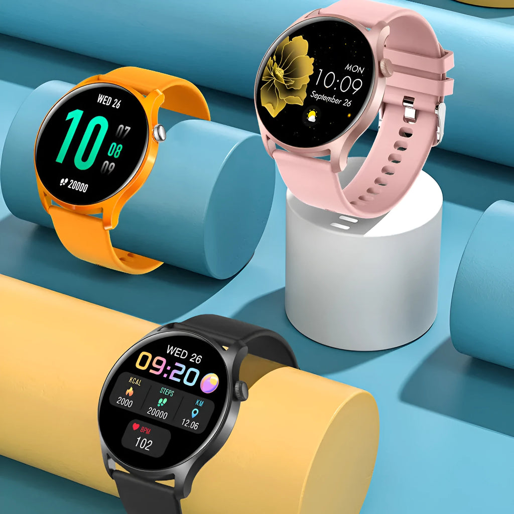 Smart watch with silicone band displaying heart rate and blood pressure on a 1.3-inch screen.