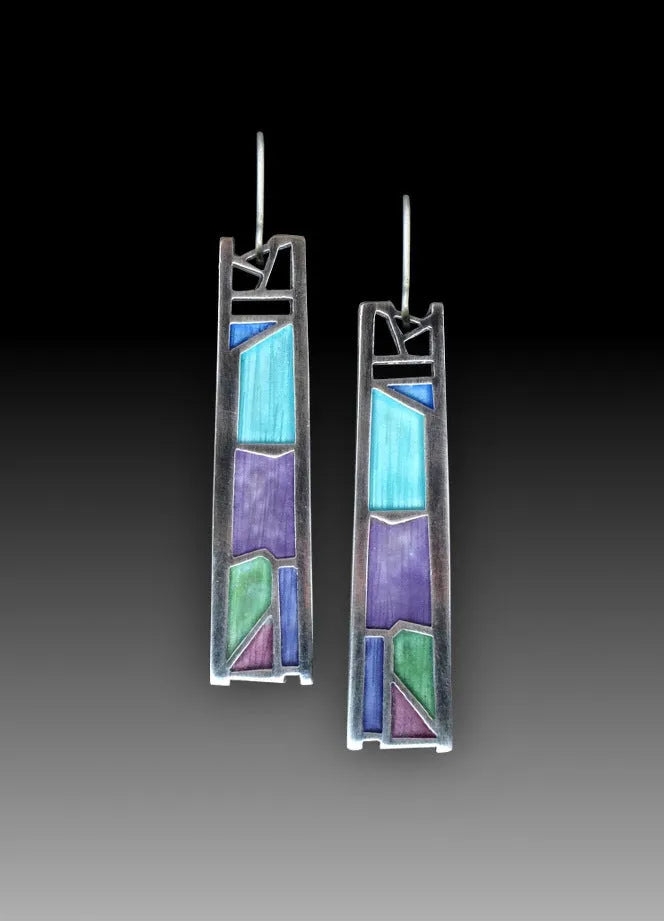 Women's silver irregular water drop earrings with oil colour effects