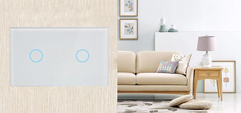 White tempered glass touch light switch with 2-gang control and red/blue LED indicators