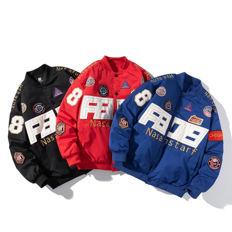 Black American Motorcycle Baseball Uniform jacket with removable hood, shown on a model.