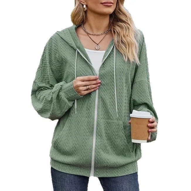 Green women's hooded casual coat with full front zipper, long sleeves, and loose fit.