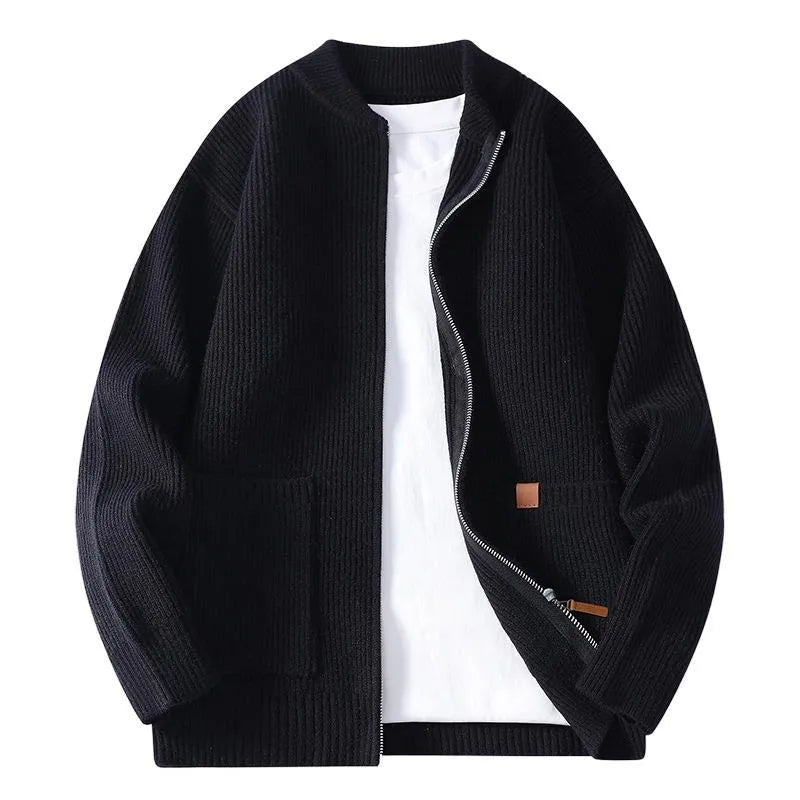 Men's casual autumn winter cardigan in beige, loose fit, long sleeves, ribbed hem, polyester and rabbit hair blend