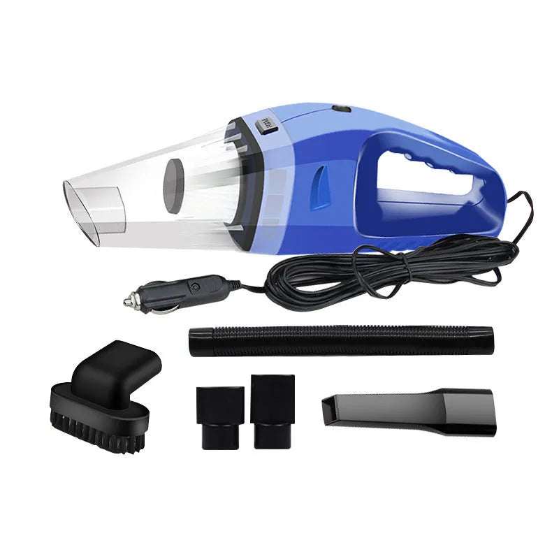 Portable 12V car vacuum cleaner with attachments in orange, black, or blue