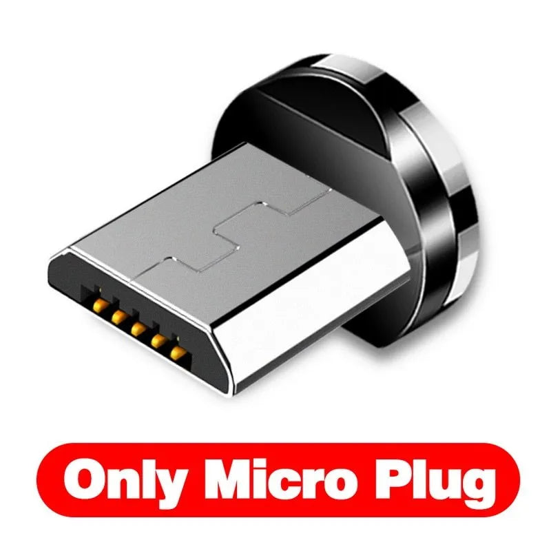 Black magnetic charging cable with L-shaped head and three separate Micro USB, Lightning, and Type-C magnetic adapters.