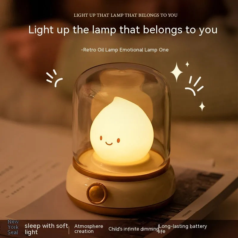 Retro oil lamp style USB rechargeable night light in green or yellow colour options