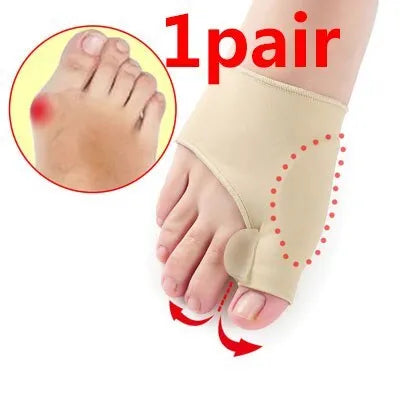 Corrective bunion relief socks with silicone gel toe separator in small, medium, and large sizes.