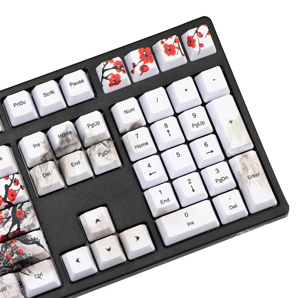 PBT Wangjiang plum blossom themed 109-key keycap set for mechanical keyboards, showing Korean and Japanese legends.