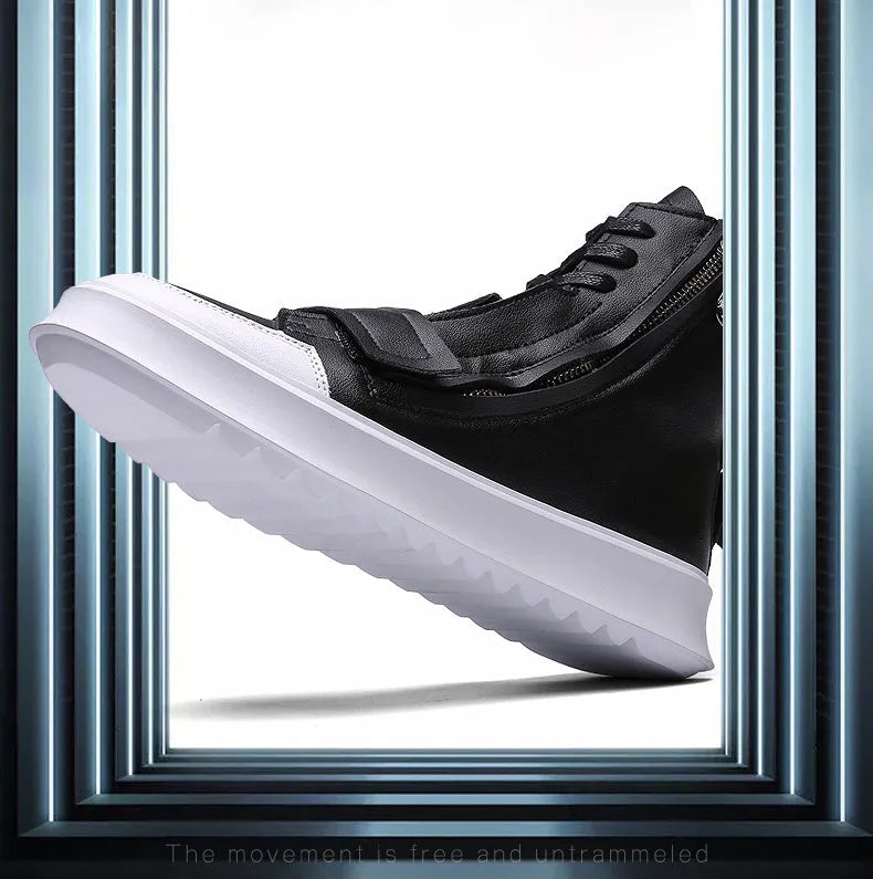 Men's black and white PU leather ankle boots in high-top sneaker style for winter.