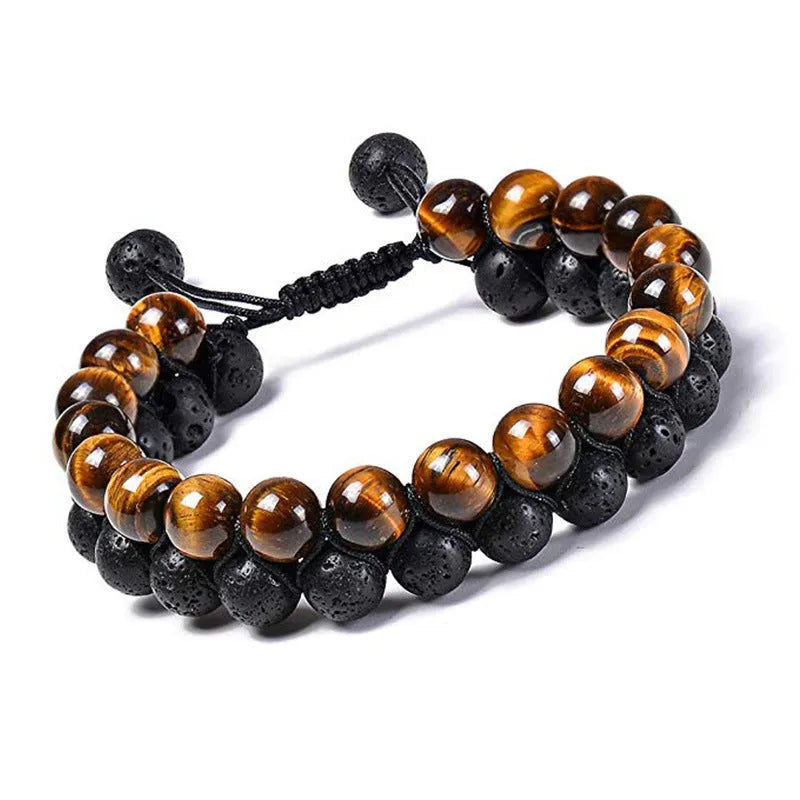 Geometric agate couple bracelets in tiger eye and matte black beads.