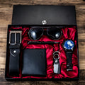 Men's casual quartz chronograph watch gift set black dial 40mm alloy case PU strap pin buckle
