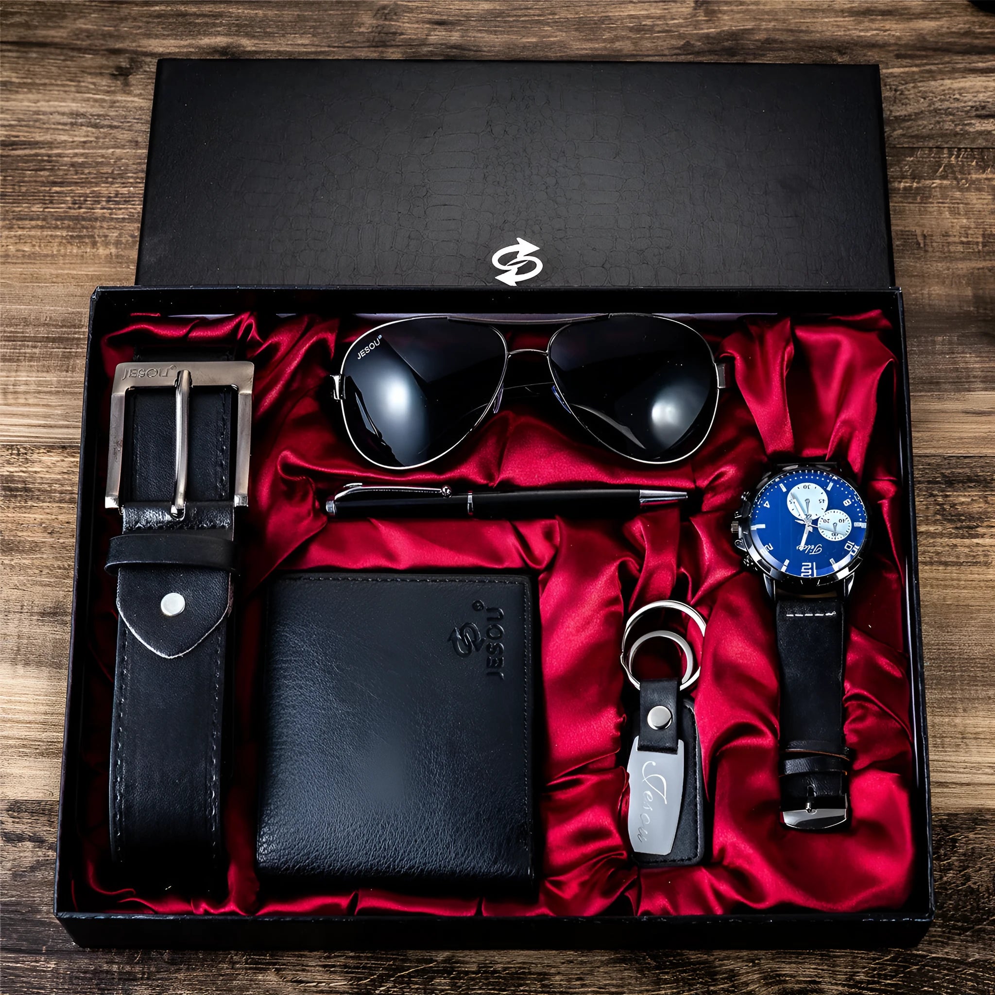 Men's casual quartz chronograph watch gift set black dial 40mm alloy case PU strap pin buckle