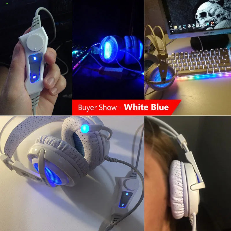 Black and white USB gaming headset with LED lights on ear cups and padded headband
