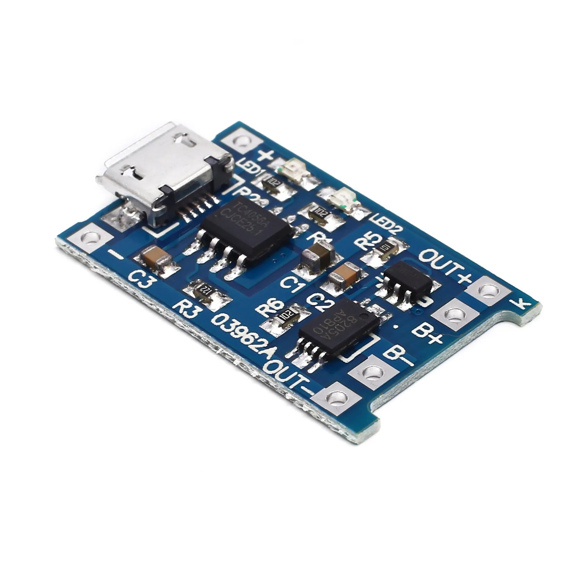 Small blue lithium battery charging and protection circuit board with solder pads, measuring 2.6cm by 1.7cm.