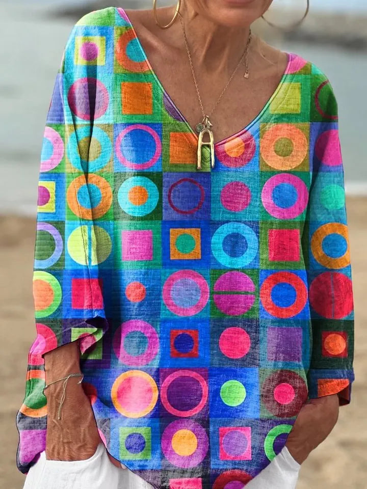 Women's V-neck long sleeve loose top in brushed milk silk fabric with digital printed pattern