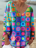 Women's V-neck long sleeve loose top in brushed milk silk fabric with digital printed pattern