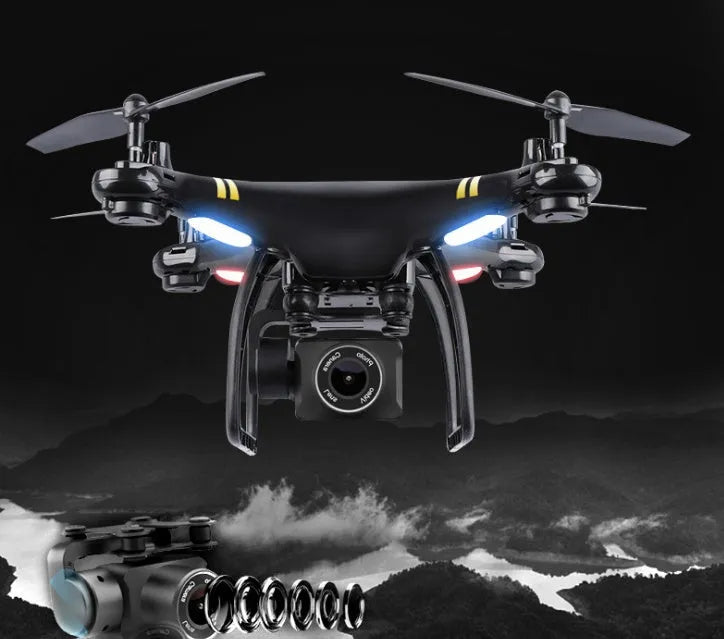 Black 5G GPS camera drone with four rotor arms and high-definition lens on a white background