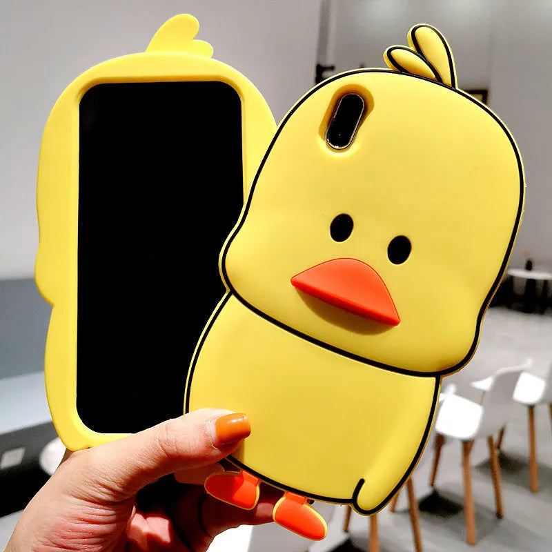 Green and yellow silicone iPhone cases with animal cartoon designs on a white background.