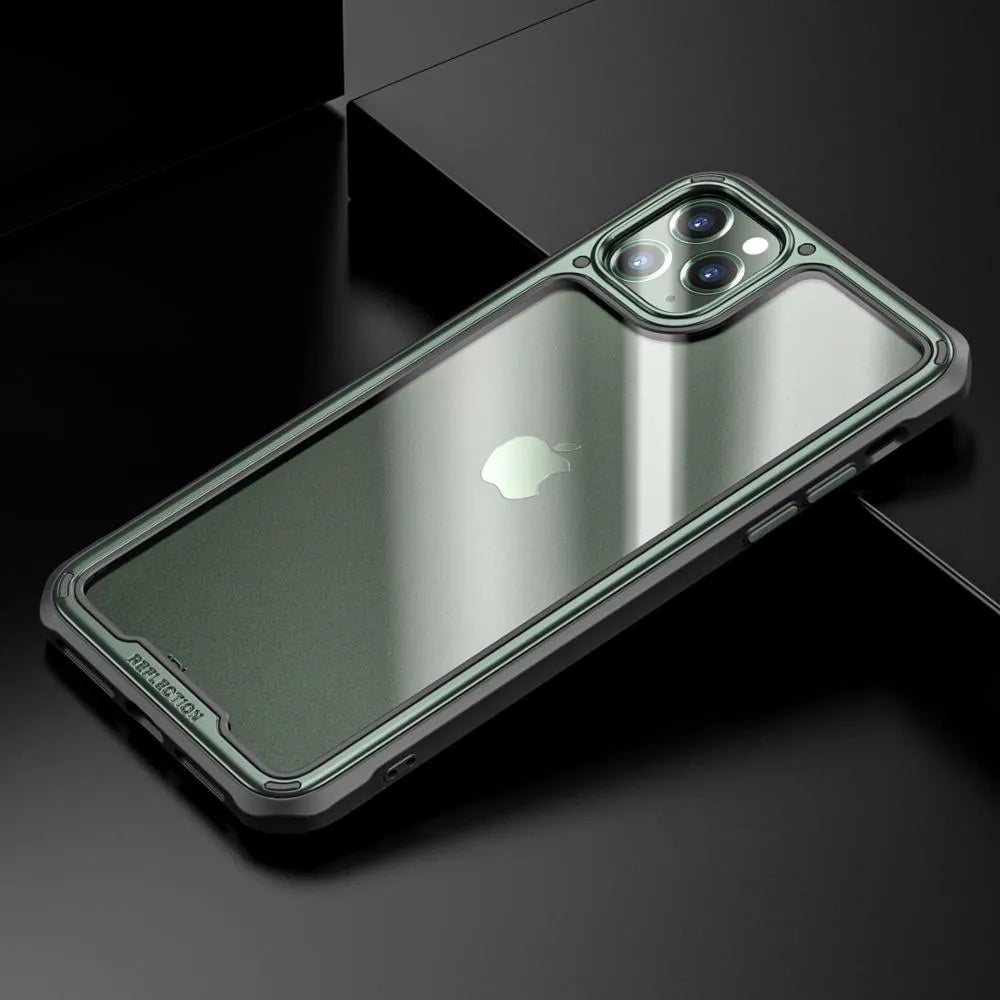 Clear transparent mobile phone case for iPhone 11 on a table.